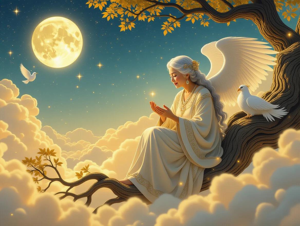 Mythical celestial beings caring for elderly woman with silver hair. Peaceful scene on ancient tree branches. Floating above swirling clouds. Twin moons in the sky. Soft glowing orbs. Fantastical creatures present. Dreamlike atmosphere.