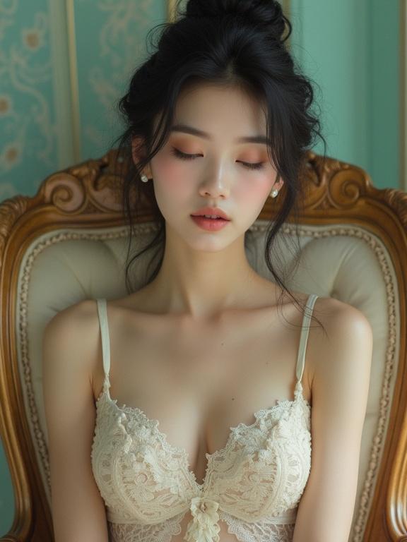 Creative portrait of a young lady in delicate lace. Shades of mint cream and pink are present. She has her eyes closed and mouth open. Soft lighting highlights her neutral skin tone. Textured appearance with a brushstroke feel. A Chinese beauty sitting in a Victorian European Empire chair. A dark atmosphere surrounds the image. High heels are visible. She is positioned between two women, one pulling her head and the other pouring water into her mouth.