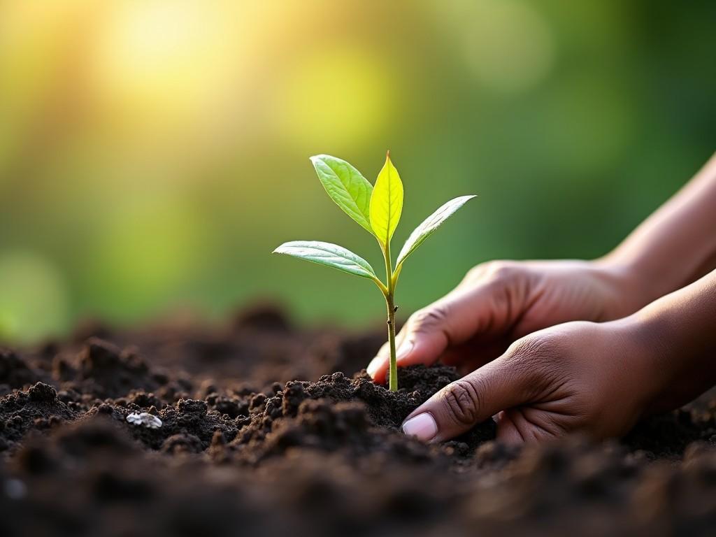 A close-up image captures a hand gently planting a small green sapling into rich, dark soil. The vibrant green of the young plant contrasts beautifully against the earthy tones surrounding it. Sunlight filters through from the top left, symbolizing growth and nurturing. The background is softly blurred, drawing attention to the sapling and the careful action of planting. This scene represents a connection with nature and the importance of caring for the environment. The hand in the image suggests a personal touch, emphasizing the act of nurturing life.