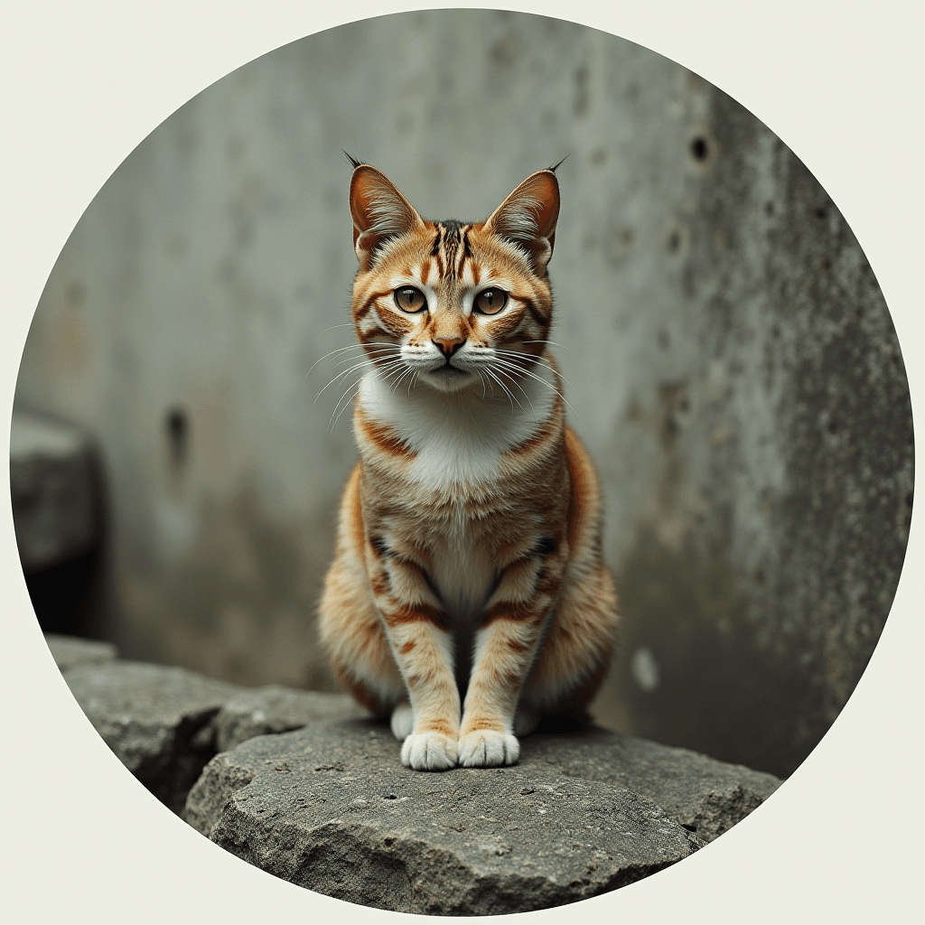 A striped cat sits poised on a stone with a blurred wall in the background.