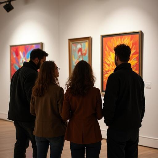 Modern gallery interior with spotlit white walls. A diverse group of five art enthusiasts in smart casual attire lean in closely, examining vibrant contemporary paintings. Their faces show intense concentration and wonder. Dramatic gallery lighting creates subtle shadows. Shot from a slight low angle, documentary style.