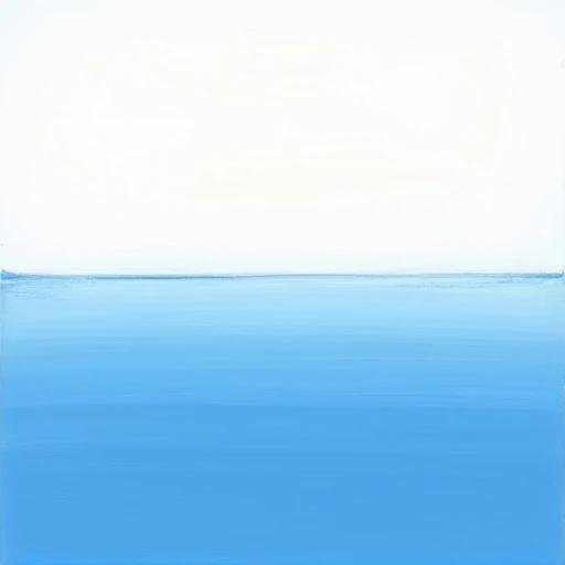 Minimalist seascape in blue and white colors. Only blue sea with a white sky above. Separated by a horizontal line. Sea is calm with no waves. Sky is clear without clouds. Pure colors with simple lines. Smooth brushstrokes create a quiet empty atmosphere.