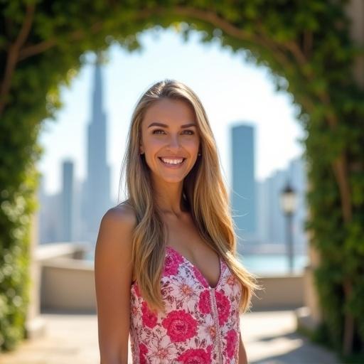 A cheerful woman with long blonde hair stands confidently in the foreground. She wears a vibrant floral dress filled with pink and white flowers. Behind her, the iconic skyline of Dubai is visible in the background, slightly blurred. Bright daylight illuminates her face, highlighting her soft features and warm smile. The overall mood is uplifting and vibrant. A shallow depth of field emphasizes the subject while showing the skyline.