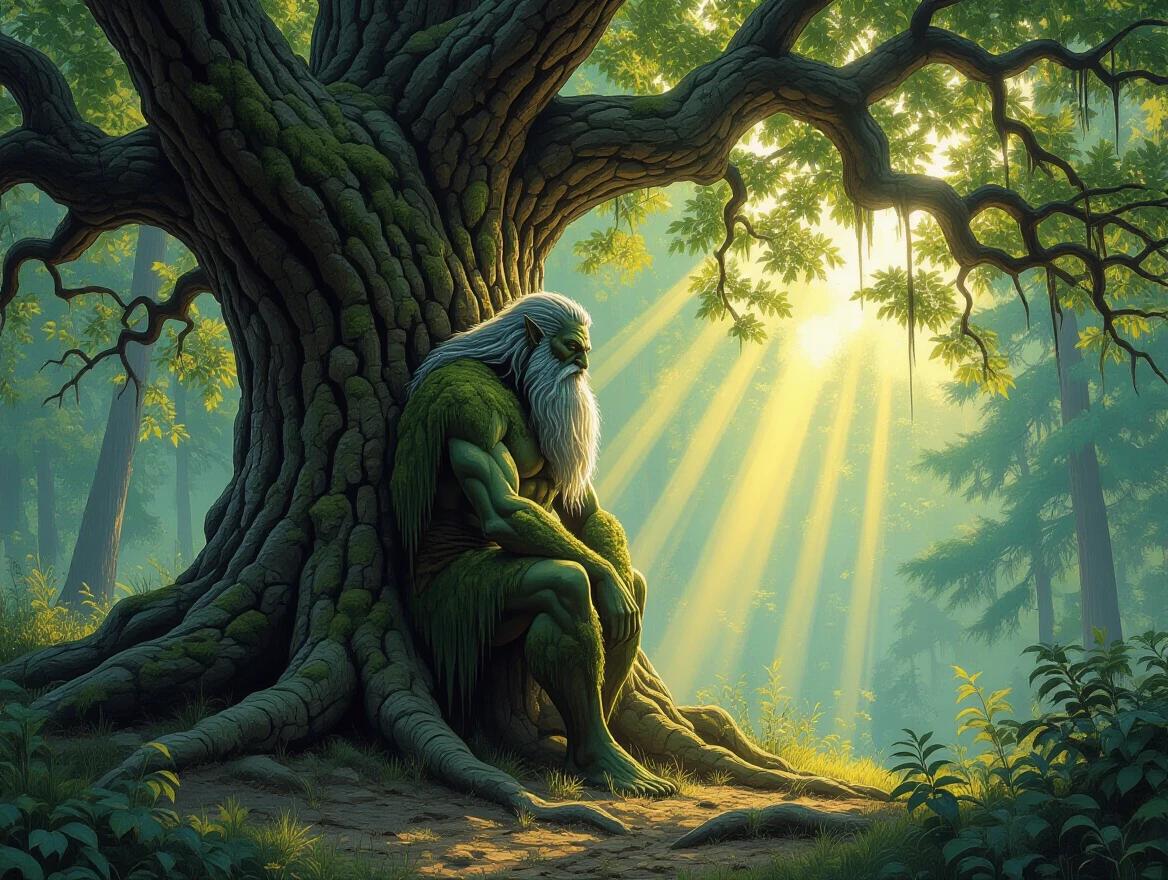 A detailed oil painting featuring an ancient Leshy leaning against a colossal oak. The Leshy is made of bark-like skin and has a beard of moss. Sunlight streams through the trees. Dust motes illuminate the scene creating a tranquil atmosphere.