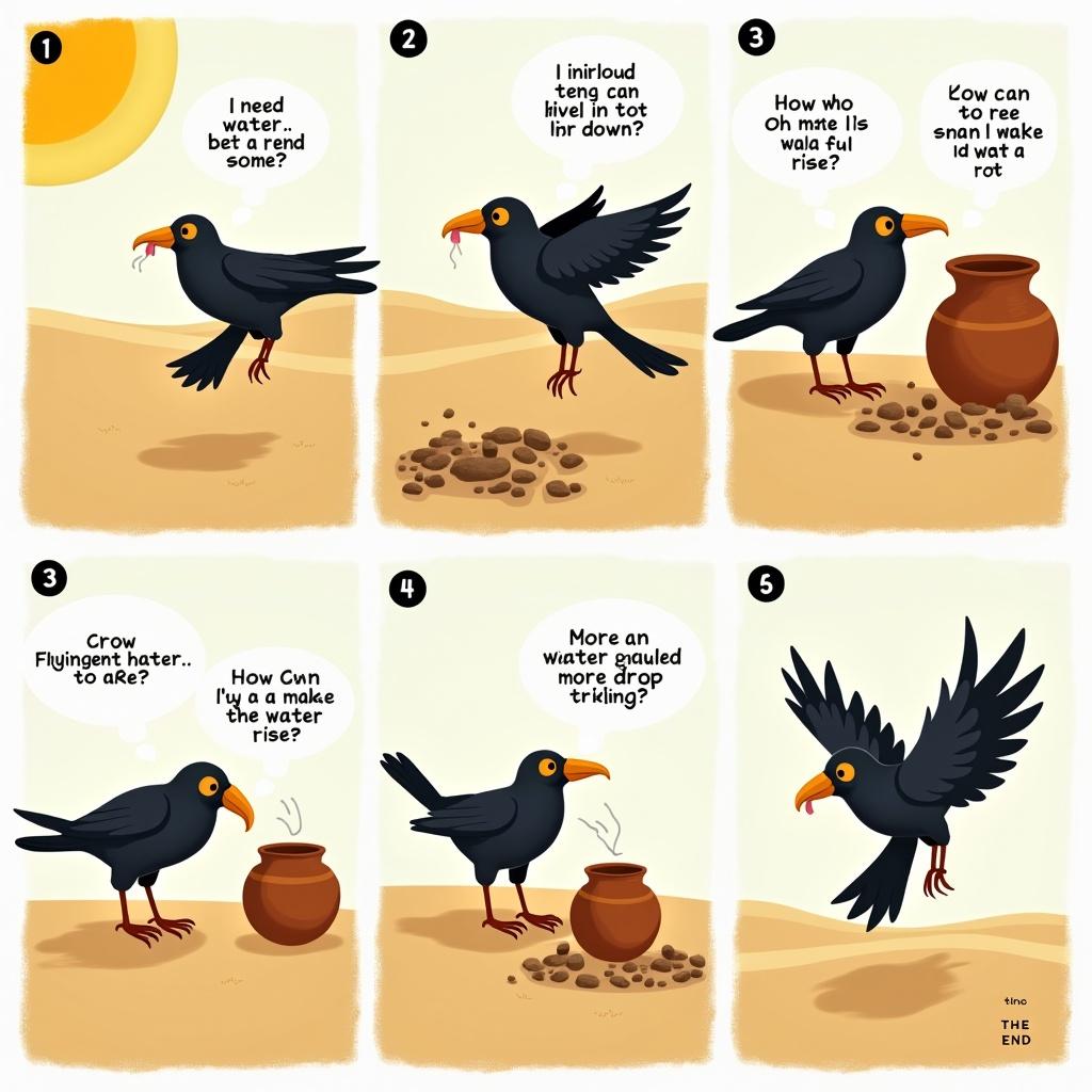 A creative illustration depicting a story where a thirsty crow finds a pot with water, but it's too low. The crow thinks of a solution and starts dropping pebbles into the pot to raise the water level. Eventually, the water rises, and the crow drinks happily, celebrating its cleverness. Each panel vividly captures both the crow's emotions and actions in a bright and engaging style. Suitable for a children's story or educational content about problem-solving and resourcefulness.