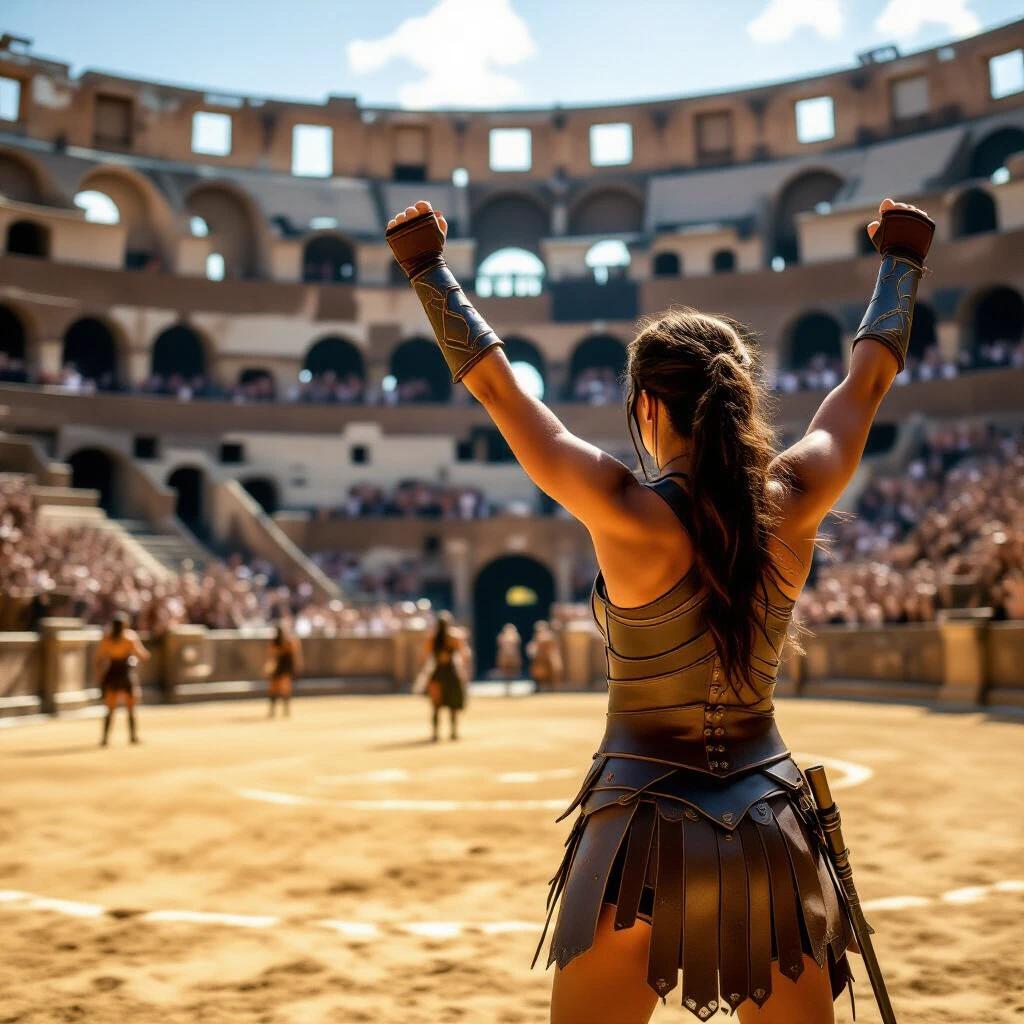 A female gladiator stands with arms raised in victory inside a grand Colosseum. The background features an audience watching attentively. Her armor is detailed and fierce. The scene conveys strength and triumph.