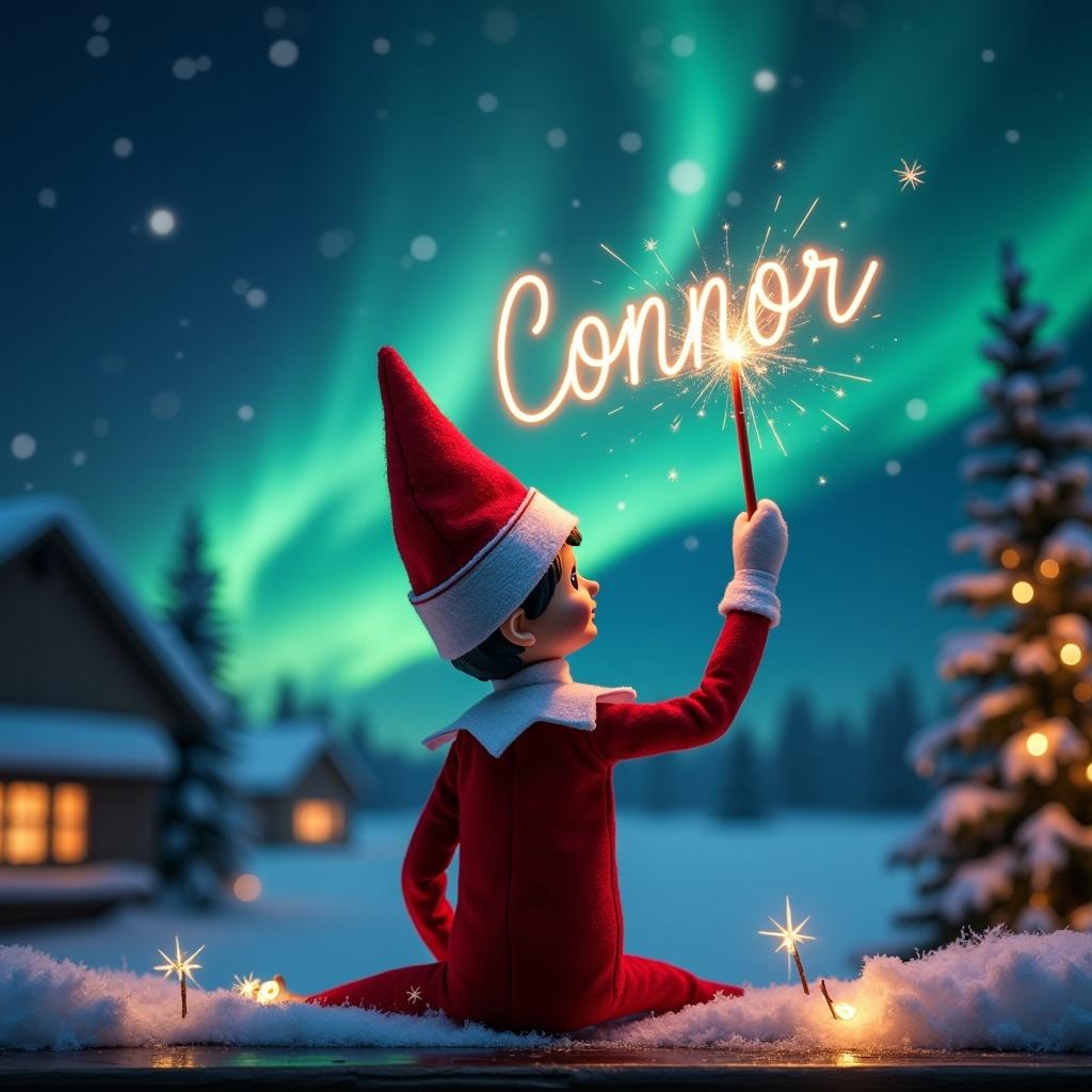 This scene features a Christmas elf, dressed in red and white, sitting with his back to the viewer. He holds a magic wand, creating the name 'Connor' in a sparkling script above his head. The background showcases the stunning northern lights, enhancing the magical atmosphere of the festive scene. Snow covers the ground, and cozy houses are visible in the distance, evoking a sense of warmth during the cold winter night. The overall mood captures the joy and wonder of the holiday season.