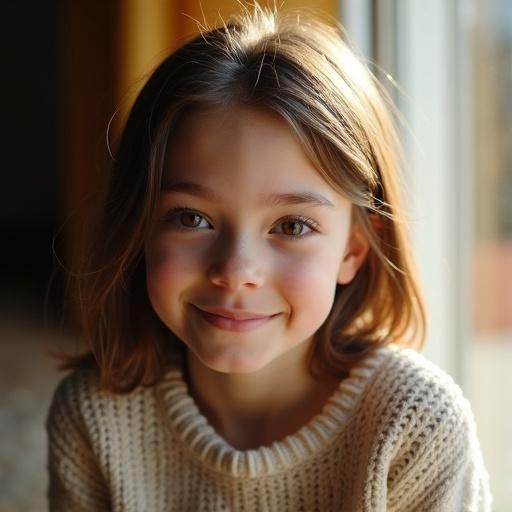 A heartfelt portrait of a young adult with Down syndrome. They sit by a sunlit window in a cozy living room. Warm brown eyes and a gentle smile, dressed in a soft knit sweater. Natural light casts shadows on their hair and fabric. The atmosphere is candid and intimate, as if from a documentary. Shot with shallow depth of field, warm colors, and subtle grain for a genuine moment.