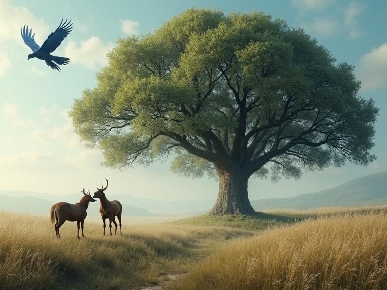 Two unicorns stand in a meadow. A blue phoenix flies in the sky. A large old tree with a face is in the background. Photorealistic style.