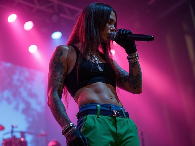 Rapper performing live on stage. Long hair, flat vice hips. Wearing a black crop top and two-tone pants. Detailed arm tattoos. Holding a microphone with a black glove. Adorned with silver jewelry. Showcasing toned abdominals. Realistic lighting and vibrant neon effects in an outdoor concert.