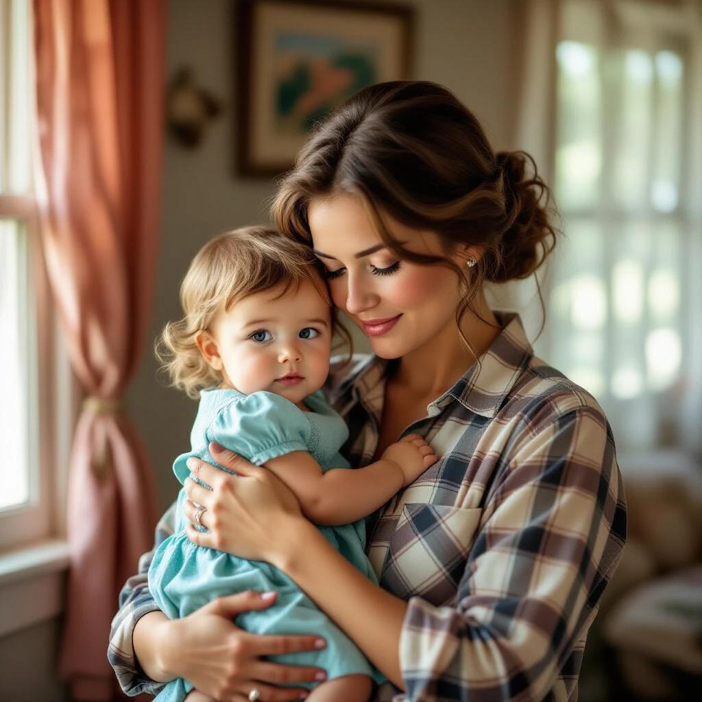 Vintage analog photograph features a woman and a small child centered in a warmly lit room. The child wears a turquoise dress and looks at the viewer while the woman gazes at the child. Soft colors create a nostalgic feel, enhanced by a dusty rose curtain in the background. A 70s home photo aesthetic is evident with slight grain and warm tones.