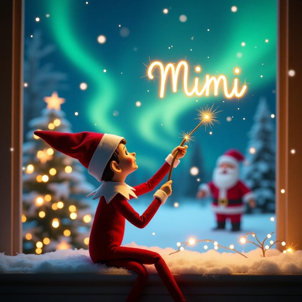 This image features a tan elf on the shelf named 'Mimi', who is seated with its back to the viewer. The elf is gazing up at an enchanting night sky filled with northern lights. Using a magical wand, the elf elegantly inscribes the name 'Mimi' in the air, sparkling with magic. In the background, a whimsical Christmas scene comes to life, complete with a cheerful Santa. The mood is festive and magical, inviting viewers into a world brimming with holiday wonder. This charming composition perfectly embodies the joy of the Christmas season.