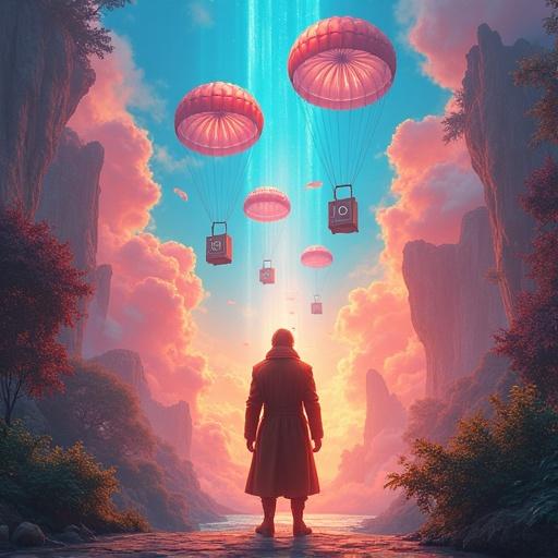 Fantasy scene with a person in a brown leather coat standing at the threshold. Back view shows glowing orange arms. Dreamscape features vibrant colors. Warm pink clouds and cosmic blue energy intertwine. Floating islands and light waterfalls add to otherworldly feel. Lush foliage frames the scene. Light rays create a mystical ambiance. High fantasy art includes hyper-detailed textures. Image shows a cosmic doorway and a spiritual journey. Several crates labeled 'LOUD' descend from the sky on parachutes.