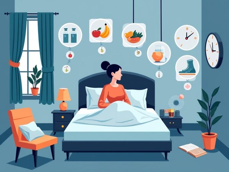Illustration of a peaceful bedroom scene depicting a middle-aged woman practicing healthy sleep habits. Engineered environment with good sleep hygiene symbols. Cool, dark bedroom features blackout curtains, fan, breathable bedding. Healthy lifestyle choices presented as icons: water bottles, fruits, and veggies. Consistent bedtime clock, book instead of phone, relaxation zone indicated. Negative influences shown subtly: coffee, alcohol, cigarette. Uplifting, calm style combining realism with symbolic elements for education.