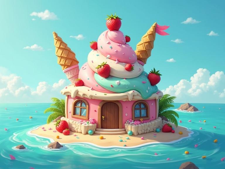 A whimsical island shaped like an ice cream house. The house has a big ice cream swirl on top adorned with strawberries. There are ice cream cones on the sides, surrounded by palm trees and sitting on a small beach. The ocean is calm and blue with a few floating islands nearby under a clear sky.