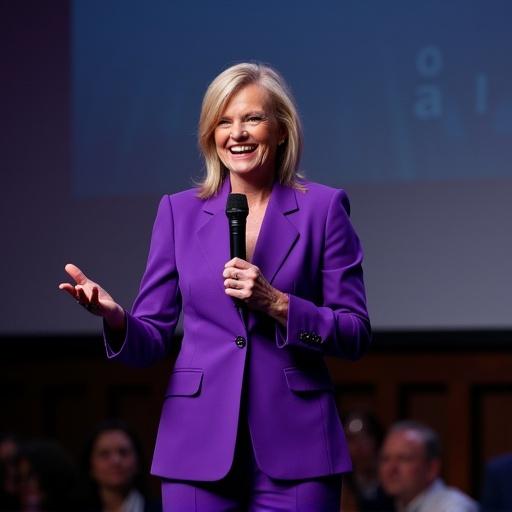 44-year-old woman captivating audience live event wearing deep purple suit