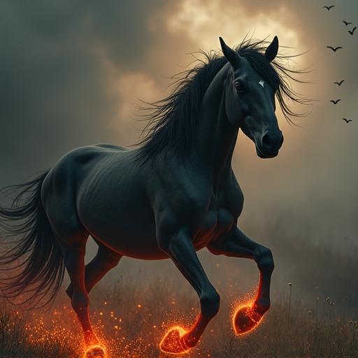 A fierce black horse runs energetically. It has glowing orange hooves. The background is moody with dark clouds. A sense of mystery surrounds the horse.