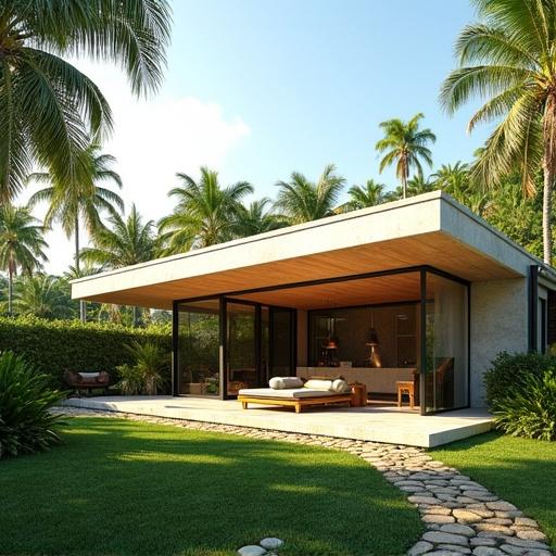 Hyper-realistic external view of a modern studio house in a tropical setting with lush greenery and palm trees. Features large glass windows, spacious open-plan layout, minimalist aesthetic, flat roof with eco-friendly touch. Scene captures warm sunlight in a serene tropical atmosphere.