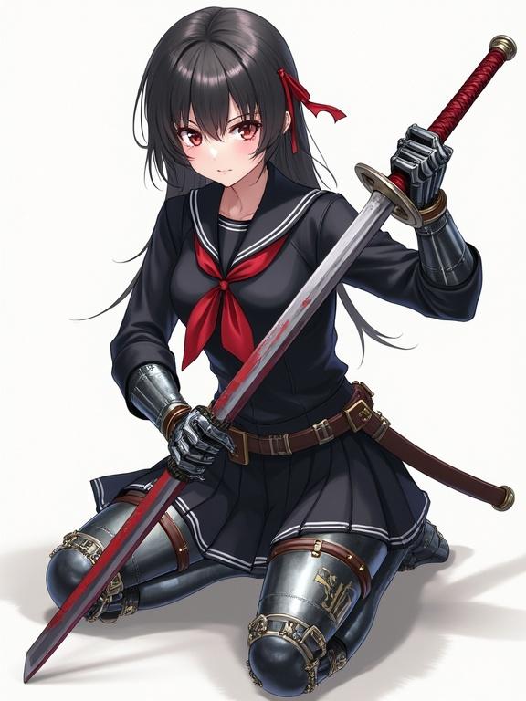 A detailed illustration of a female character kneeling, wearing a black school uniform with a red ribbon. She has cyborg arms and legs, holding a katana. The pose is dynamic and the lighting is professional with sharp focus.