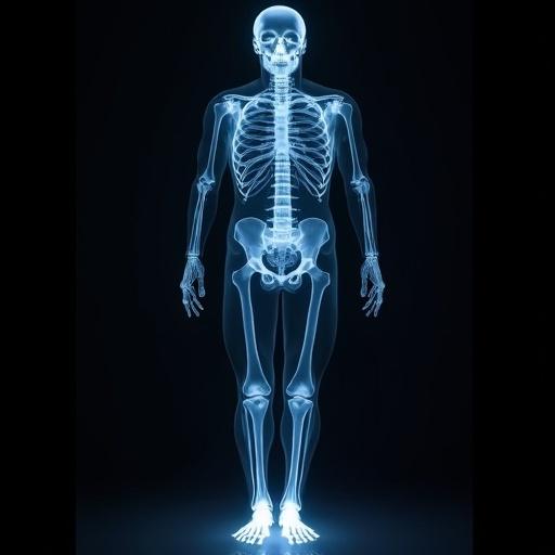 Detailed X-ray image showing a full human skeleton with a glowing effect.