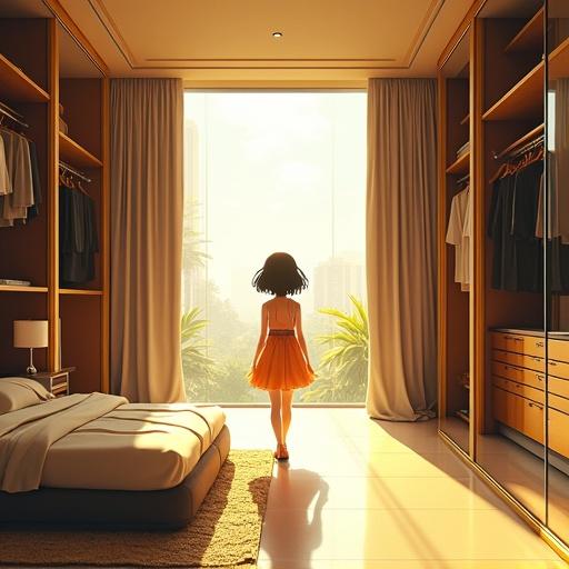 Anime scene of a little girl in a luxurious mega mansion walking closet during morning in Tokyo. Soft lighting and modern design elements create a hi-tech atmosphere. Spring vibes with bright colors.