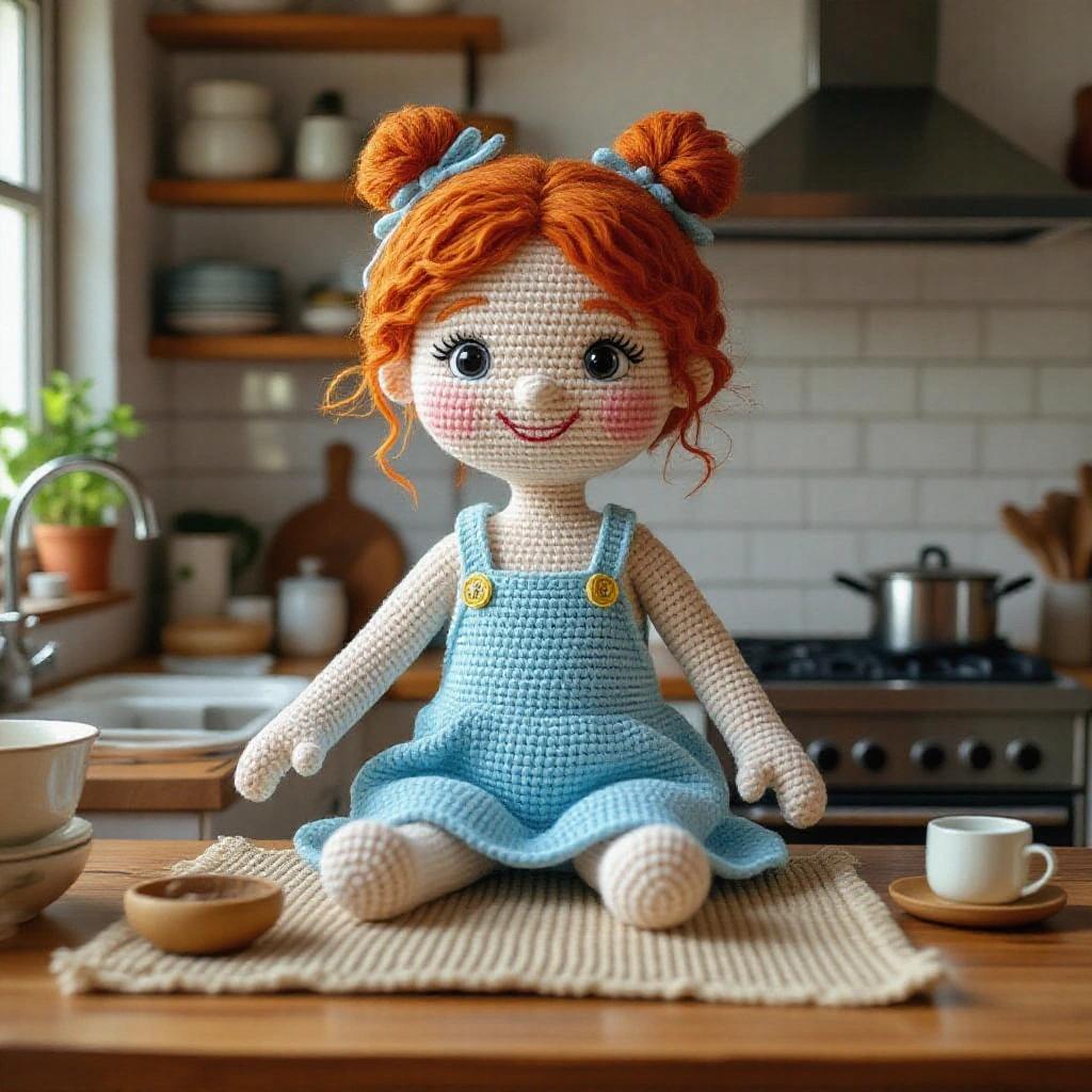 Crochet doll in blue dress with orange hair sitting in kitchen on rug. Doll features button details and cheerful expression. Background features kitchen elements and soft lighting.