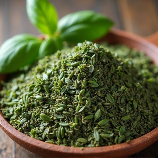 Dried oregano piled in a wooden bowl with fresh oregano leaves in the background. The image focuses on the texture of the oregano and the natural look of the bowl.