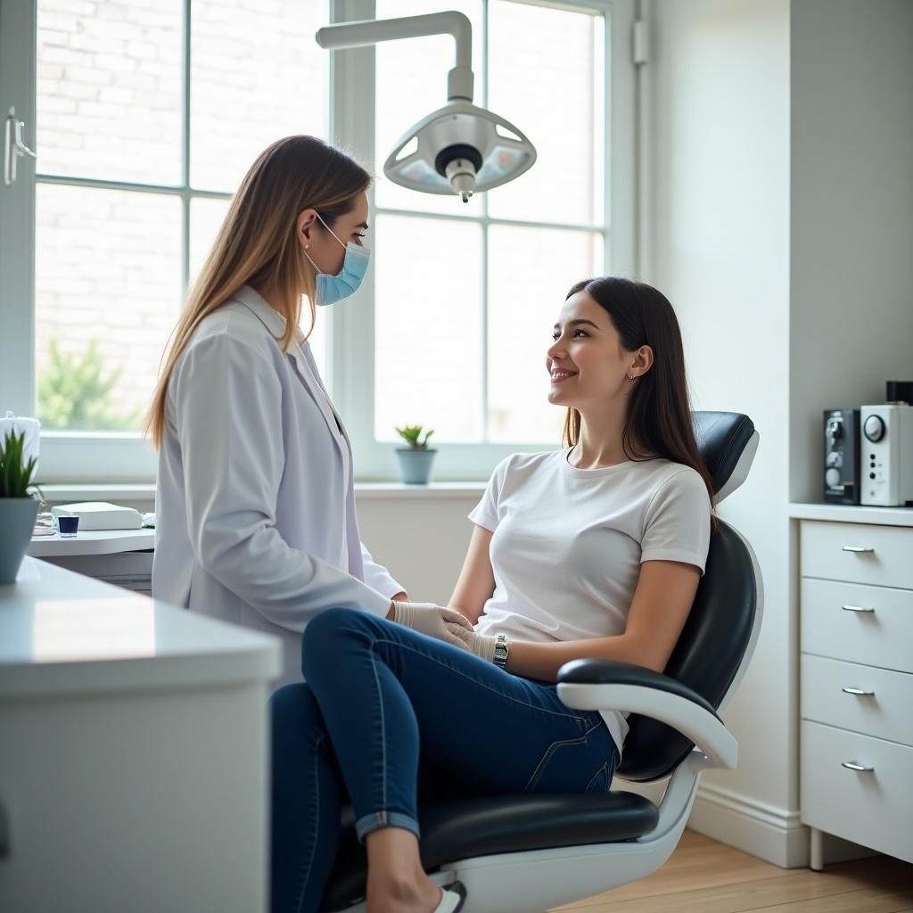 Young woman comfortably seated in a dental chair in a modern dental office. Bright and airy environment with large windows letting in natural light. Dental tools visible in the background. Woman wearing skinny dark blue jeans. Dentist engaging with the patient.