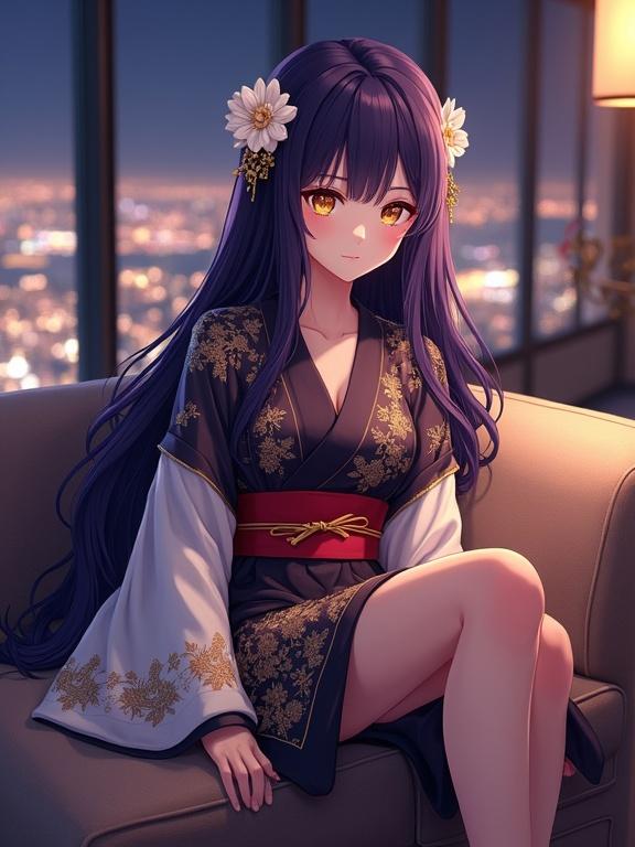 Full-body view of a beautiful anime-style lady with dark violet hair and straight fringe. She wears a luxurious black kimono with golden floral patterns and a red obi belt. She is seated on a luxurious sofa in a high-end lounge with a sparkling city nightscape in the background. The setting has warm lighting and stylish furniture. Her expression is calm and confident. 