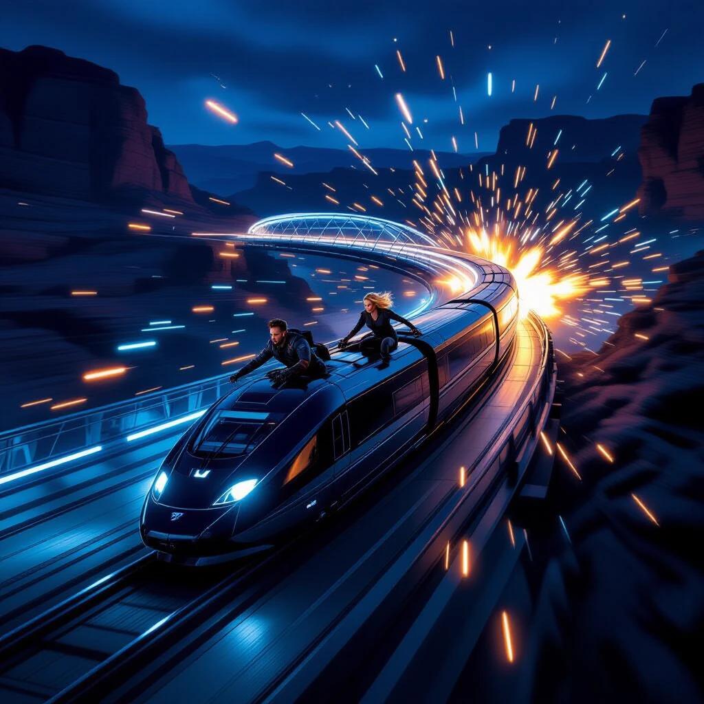 Futuristic black mag-rail train hurtles through a canyon. Two rogue agents escape a failed mission. Bullets streaking by in a blue night setting. Yellow-orange explosions illuminate the surroundings. Setting features a desert rail bridge.