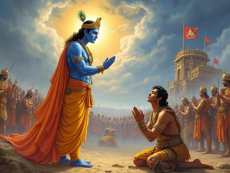 A traditional Indian painting shows Lord Krishna on the battlefield of Kurukshetra. Krishna has blue skin and a halo. He wears a crown with a peacock feather and colorful robes. He raises one hand in blessing while imparting wisdom with the other. Prince Arjuna kneels at his feet in golden armor, hands in prayer, looking confused. A chariot and armies are in the background with dramatic clouds in the sky. The art is vibrant and detailed.