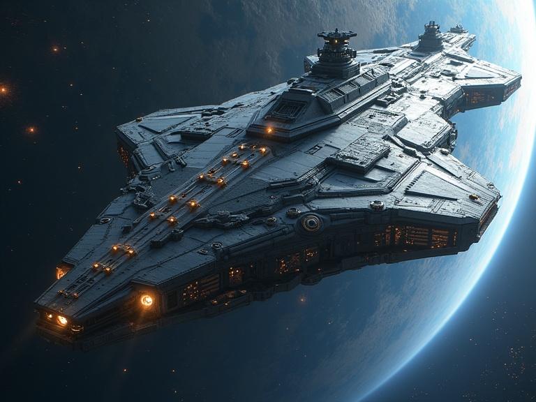 Hyper-realistic illustration of a giant mothership named Ark in space. The ship features intricate details and illuminated parts. Background shows a planet and a star-filled sky.