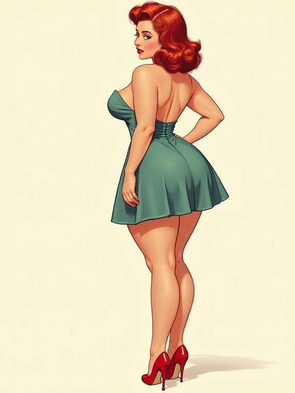 Illustration of a curvy young woman in a pastel green minidress and red high heels. She displays a confident pose with bent knees. The focus is on her plump figure and wide hips. The artwork has a vintage style reminiscent of classic pinup illustrations.