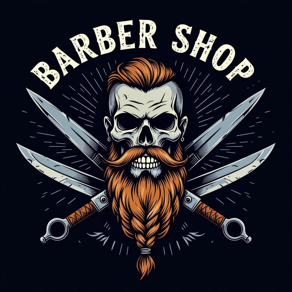 Logo designed for a barber shop featuring a Viking theme. A skull is central to the logo with long hair in a braid and shaved sides. A large beard adds character. Two scissors resembling swords fan out behind the skull.