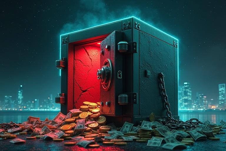 A square bank vault breaking apart with red cracks spilling gold coins and dollar bills. Surrounded by glowing blue and green crumbling chains. The vault sits in a dark starry sky with a faint city skyline in the background. The scene is futuristic blending realism and digital art.