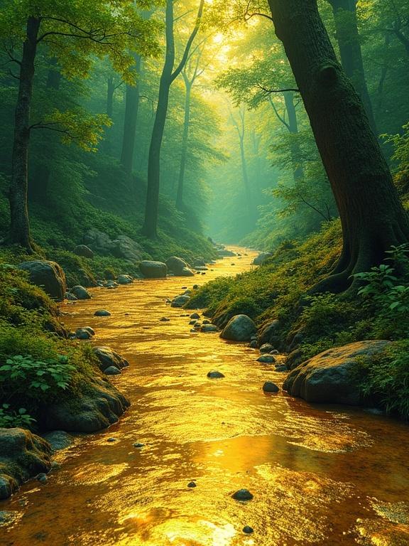 A tranquil river meanders through a lush green forest. Sunlight filters through the trees, casting a golden glow on the water surface. Vibrant colors and detailed natural scenery create a serene atmosphere.