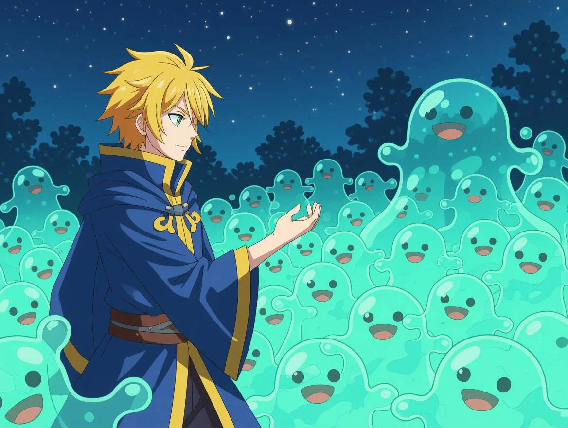 Anime style young man with yellow hair wears a blue mage robe. He stands facing a horde of cute green slimes. The background shows a starry night sky. Slimes appear friendly and joyful. Young man looks engaging and magical.