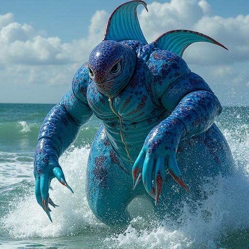 Kyogre as a rap-inspired character resembling a mermaid. Blue aquatic creature rising from ocean waves wearing hip-hop attire. Strong artistic style with vibrant colors and detailed texture.