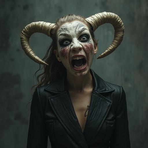 A female character with dramatic makeup screaming. Features long curved horns on head. Wearing a black blazer. Strong expression evokes fear. The background has a grungy style.