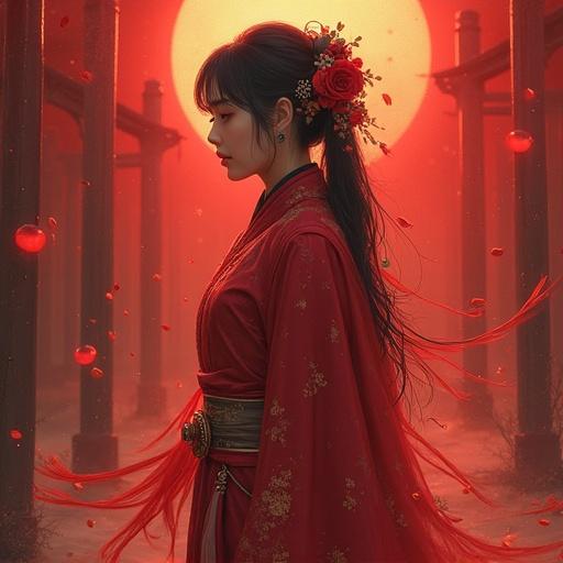 A mature long-haired Chinese woman wearing traditional attire. The setting features a dramatic red background with floral accents.