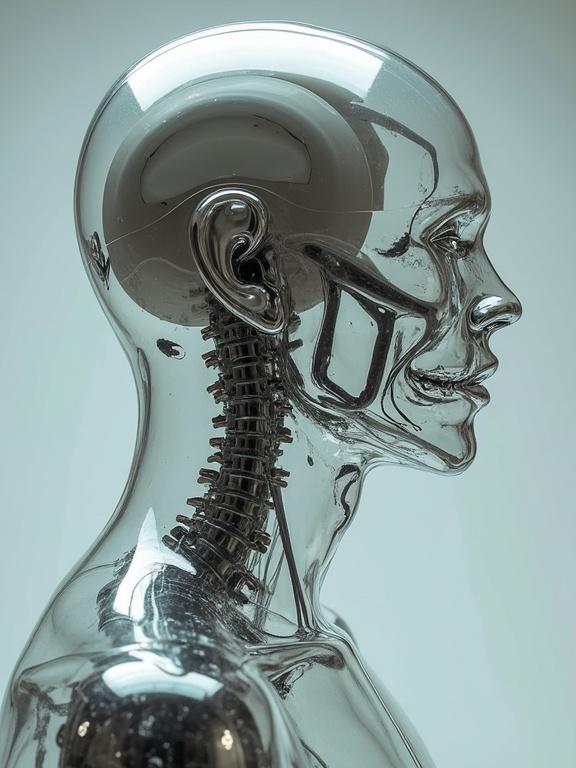 A side view of an old transparent plastic mannequin. The mannequin is sleek with a visible spine structure. Soft diffused light enhances the clear texture and contours.
