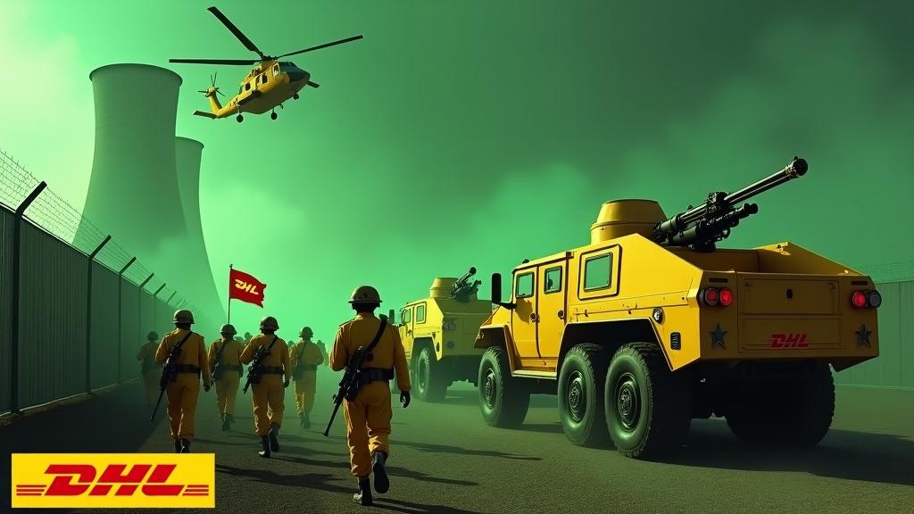 In a dramatic scene, several large yellow armored vehicles with guns are moving towards a fence. The vehicles prominently display the DHL logo. Nearby, soldiers in yellow uniforms and rifles march in sync, with one holding a flag showcasing the DHL logo. In the background, the smokestacks of a glowing green nuclear power plant are visible. The sky has an eerie green hue, and a large yellow Chinook CH-47 helicopter flies overhead, intensifying the environmental tension. At the bottom, the DHL logo is clearly visible in bold yellow text.