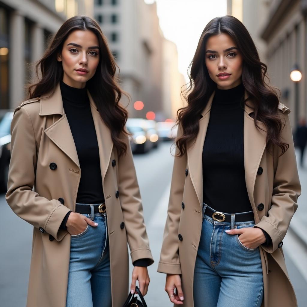 Two young women with identical almond-shaped hazel eyes and dark brown hair styled in loose curls. Both wear tailored beige trench coats over black turtlenecks with high-waisted jeans and heeled boots. Striking confident poses with a designer handbag on an urban street. Blurred cityscape and sunlight in background.