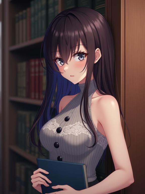 Anime character with long brown and violet-blue hair. Character has gray blue eyes and pensive expression. Standing in library with wooden bookshelves. Wearing gray knitted top with lace and buttons. Holding dark blue book. Soft warm lighting creates intimate feel. Slightly elevated and angled perspective shows upper body.