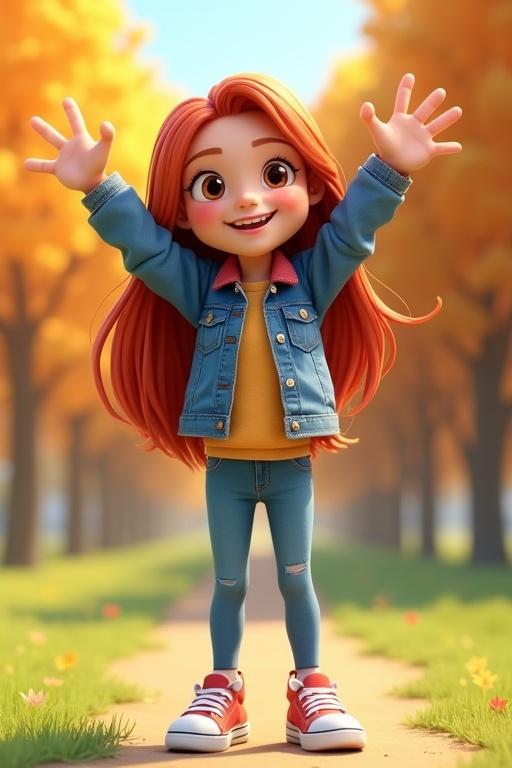 3D illustration of a cheerful girl with long red hair wearing denim jacket and long sneakers. She raises two hands showing all fingers. Smiling in a sunny park with vibrant colors. Pixar-inspired art style.