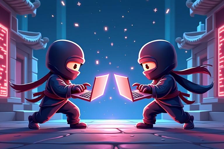 Two cartoon ninjas face off while holding devices. One ninja has a laptop; the other ninja wields a giant USB stick. Background features a digital dojo with floating code scrolls and pixelated firewalls. Energy blasts shaped like coding symbols fly between them. The overall vibe is energetic and competitive with neon colors.