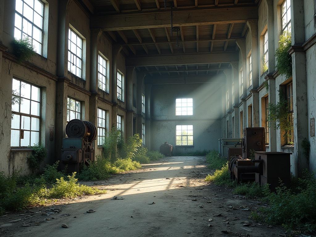 An abandoned industrial building interior is depicted, showcasing the remnants of an old, damaged factory. The walls are rough and marked with signs of wear and neglect, accentuating the building's age. Large windows, some broken, allow dim natural light to spill into the space, creating an eerie atmosphere. Dust and debris litter the ground, hinting at years of disuse. Rusty machinery and crumbling structures evoke a sense of lost productivity and history. Vines and small plants may be seen creeping through cracks, symbolizing nature reclaiming the space.