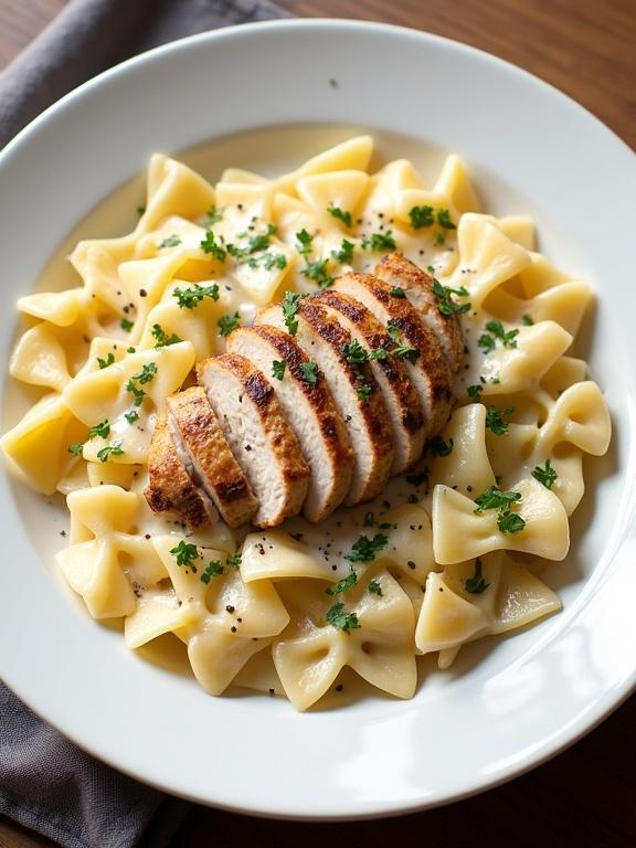 Plate of pasta with chicken in a white bowl featuring bow-tie pasta in creamy sauce topped with sliced grilled chicken and parsley