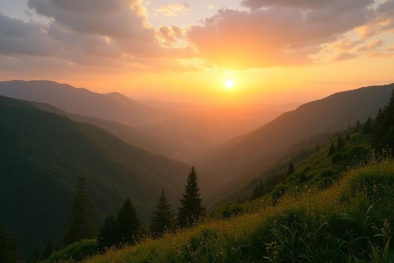 A breathtaking sunrise over lush green valleys. Warm sunlight illuminates the landscape. Rolling hills create depth. A serene atmosphere prevails. Nature at its finest during early morning hours.