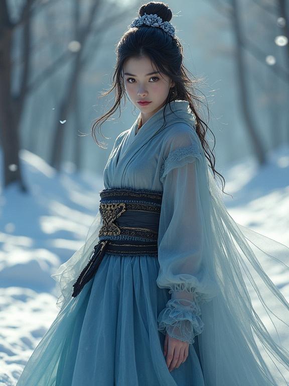 A beautiful princess in transparent clothing stands in a snow-covered forest. The character has a delicate expression and wears a flowing light blue dress. Snowflakes gently fall around her, creating a serene atmosphere.